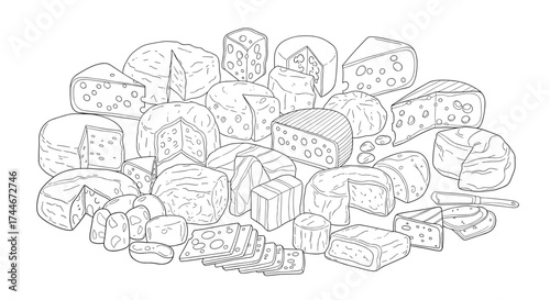 A pile of various dried legumes and beans seen from above and rendered in a stippling art style.