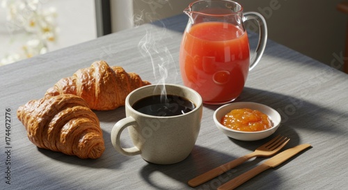 Warm morning breakfast scene with two buttery croissants, a steaming cup of black coffee, a small dish of orange jam, a jug of fresh juice and wooden cutlery arranged on a warm, sunlit grey oak table