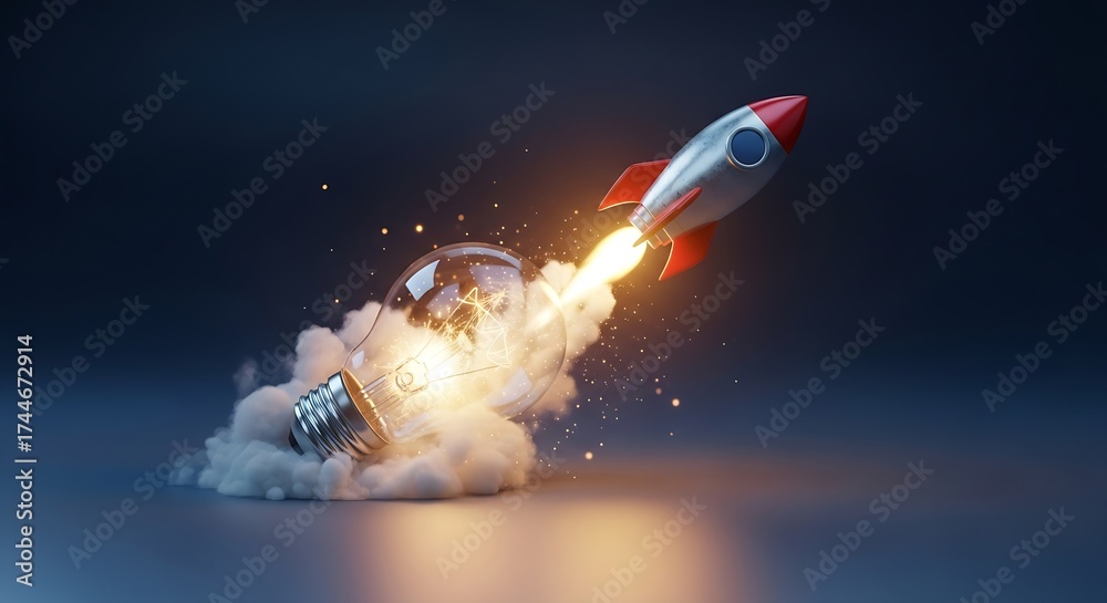 Start up rocket laptop launch business idea design lightbulb strategy innovation marketing illustration. ( Generated with AI ) Start up rocket laptop launch business idea design lightbulb strategy innovation marketing illustration. ( Generated with AI )