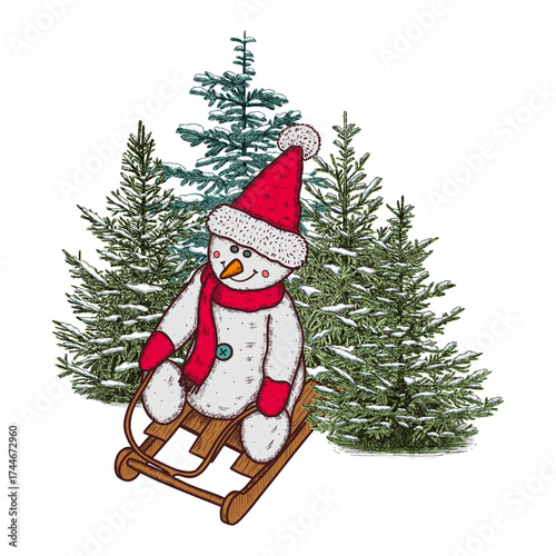 Hand drawn Christmas toy, snowman in red hat on a sled with trees. Vector illustration.