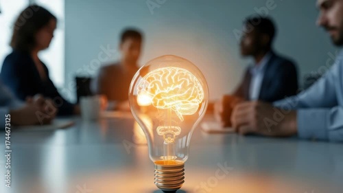 glowing light bulb with an illuminated brain stands on sleek conference table In the blurred background diverse professionals are engaged in collaborative meeting symbolizing innovation and intellect