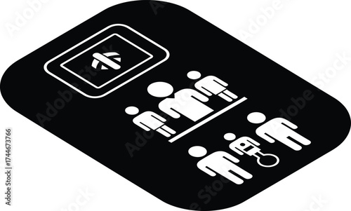 Digital interface displaying a group of people with one person holding a key card or access fob for entry