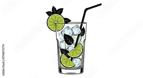 A refreshing lime and mint infused beverage with ice and a straw.