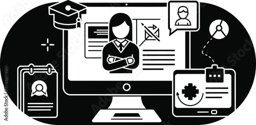 Digital learning and online education concept with graduation cap computer tablet and user profile icons