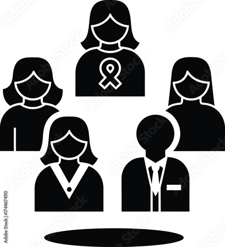 Diverse group of people gathered together with one person wearing a prominent awareness ribbon symbol