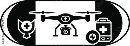 Drone delivering medical supplies and healthcare services with battery power and medical symbol