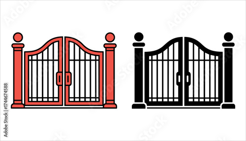 Decorative Garden Gate Vector, Classic Iron Entrance with Pillars Illustration, Ornamental Front Gate Design, Vintage Metal Gate with Columns Vector Art, Elegant Fence and Gate Icon.