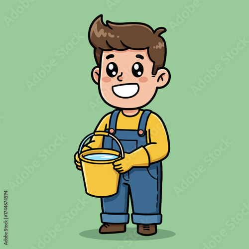 Cartoon child holding a yellow water bucket, wearing yellow shirt and blue overalls, smiling on light green background.