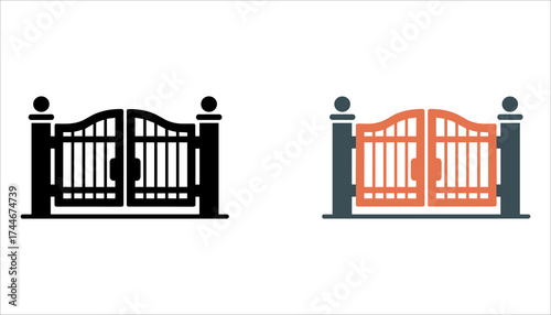 Ornamental Wrought Iron Gate Vector, Elegant Estate Entrance with Pillars, Decorative Front Gate Illustration, Classic Metal Gate with Finials Vector, Luxury Garden Gate Icon.