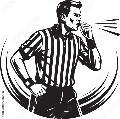 Referee blowing whistle, signaling a call, dynamic action