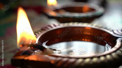 Naraka Chaturdashi : Sacred Flame of a Traditional Indian Diya Oil Lamp Burning Brightly for Diwali Festival Celebration