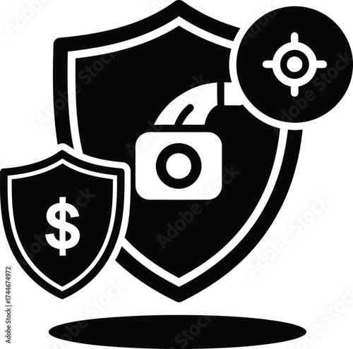 Financial security and protection concept with a shield padlock dollar sign and target icon