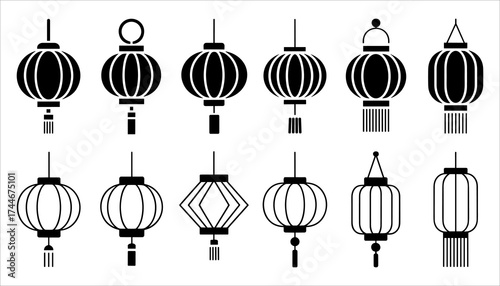 Chinese Lanterns Silhouette Vector, Traditional Festival and Celebration Illustration, Black and White Lanterns Icon Set, Chinese Culture, Holiday, and Decoration Vector.