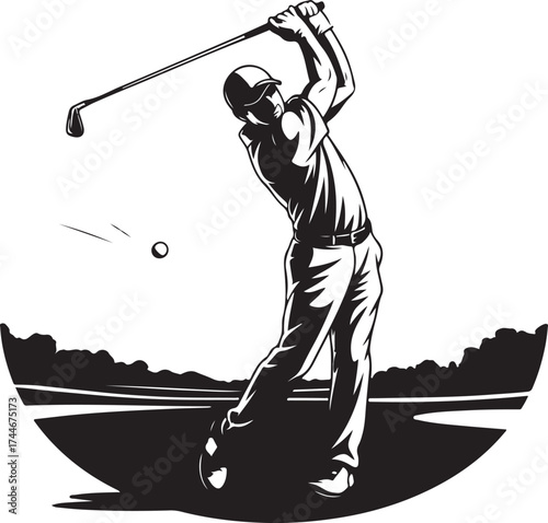 Golfer swings club, hitting ball on course