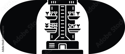 Futuristic vertical farm tower with plants growing in stacked levels inside a stylized oval enclosure