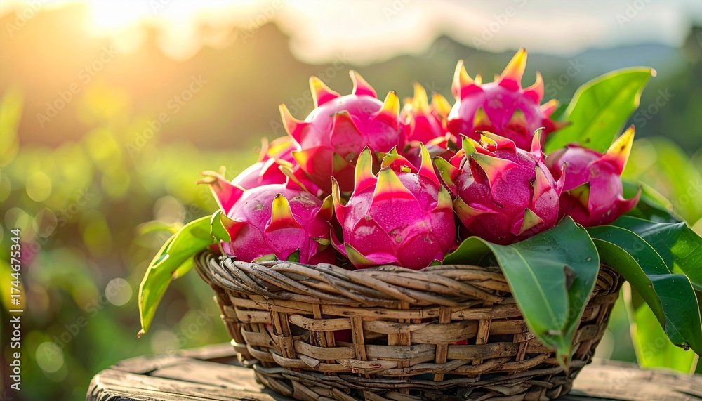 Obraz premium Fresh dragon fruit pile in rustic basket with green leaves, organic farm-to-table concept, tropical fruit market aesthetic