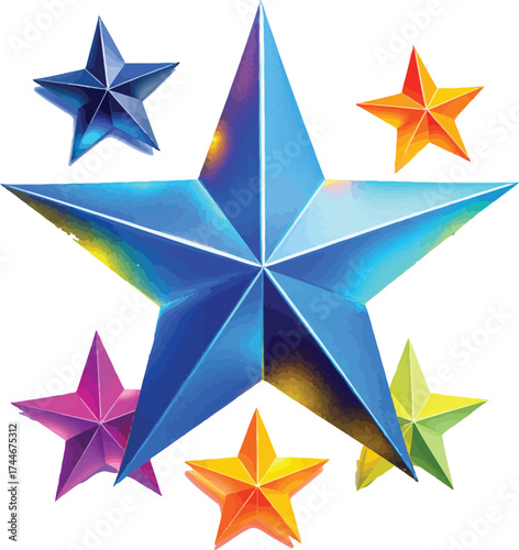 Glossy multicolor 3D stars with faceted design on white background, vibrant decorative elements for creative projects