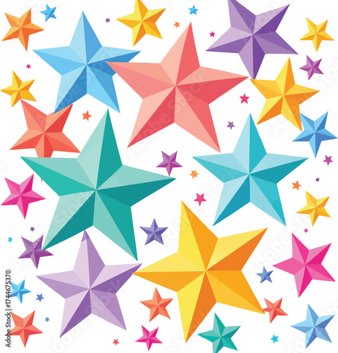 Colorful geometric stars on white background, vibrant festive design for celebration, decoration, or creative themes