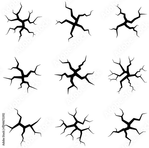 Nine vector cracks creating an abstract pattern for design, distress, and fragility