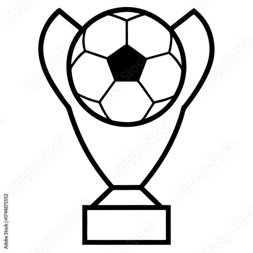 Outline drawing of a soccer ball trophy with a rectangular base and handles