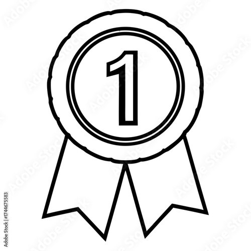 Illustration of a first place award medal with ribbon in black and white