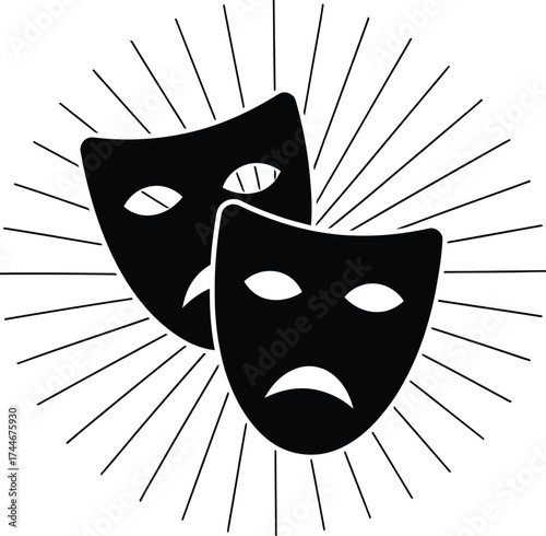 Iconic black comedy and tragedy theater masks symbolize the duality of human emotion and performance art