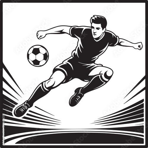 Dynamic soccer player kicks ball mid-air with energy