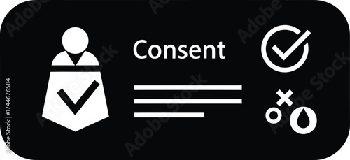 Icon representing consent with a person symbol and a checkmark within a dark rounded rectangle