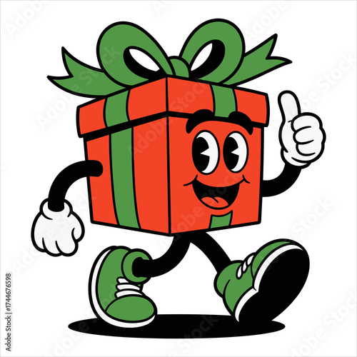 Cartoon Gift Box Mascot Illustration, Happy Present Character Vector Art, Cheerful Wrapped Gift Cartoon Design.