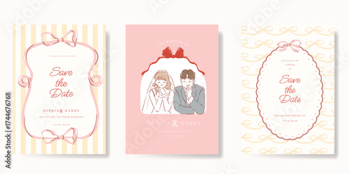 Wedding invitation card background vector set. Minimal hand drawn bride and groom with ribbon frame. Design for wedding, vip cover template, rsvp modern card, poster.