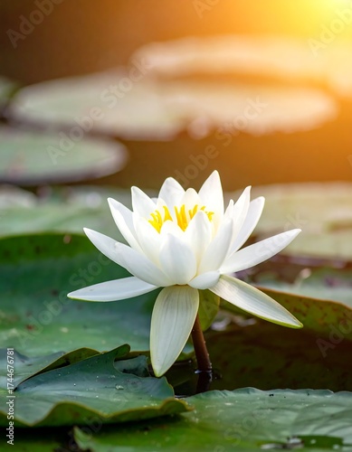 Elegant white lotus flower in pond with sunlight