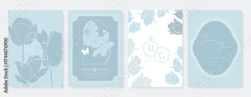 Wedding invitation card background vector set. Minimal hand drawn blue flower, butterfly, ring and frame. Design for wedding, vip cover template, rsvp modern card, poster.