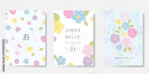 Wedding invitation card background vector set. Minimal hand drawn  flower, leaves and pattern. Design for wedding, vip cover template, rsvp modern card, poster.
