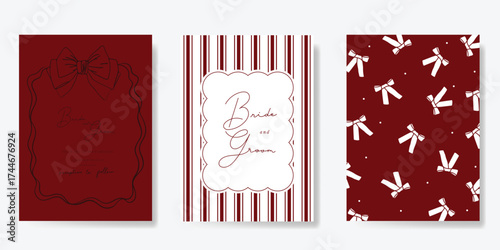 Wedding invitation card background vector set. Minimal hand drawn  ribbon frame and pattern. Design for wedding, vip cover template, rsvp modern card, poster.