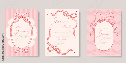 Wedding invitation card background vector set. Minimal hand drawn  ribbon frame and pattern. Design for wedding, vip cover template, rsvp modern card, poster.