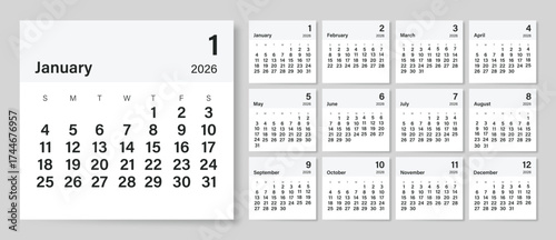 2026 Monthly calendar 12 months template on white background. Minimalist design layout calendar week starts on sunday. Use for New year, business, print. 