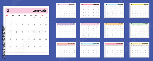 2026 Monthly calendar 12 months template on white background. Minimalist design layout calendar week starts on sunday. Use for New year, business, print. 