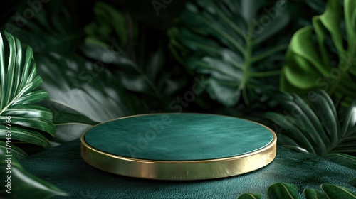 Emerald podium amidst lush foliage;  product display