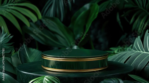 Dark green podium in lush jungle