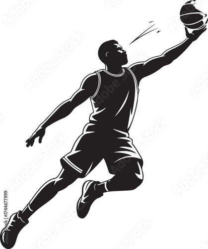 Dynamic basketball player in mid air making a slam dunk