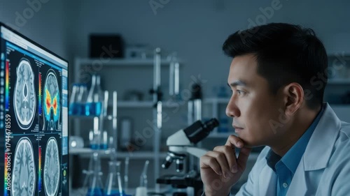 focused Asian researcher in lab coat studies brain scans on monitor with one showing activity hot spots Lab equipment including microscope and beakers with blue liquid is blurred in the background