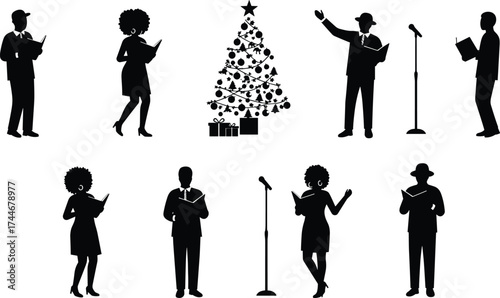Christmas carol singers performing near decorated tree, holiday concert celebration, people singing with microphones and songbooks, festive joy, flat vector illustration