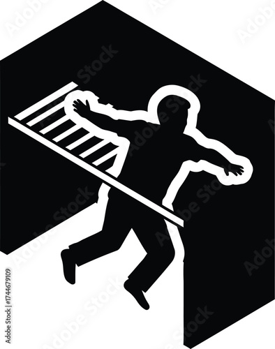 Silhouette of a person falling from a ladder inside a hexagonal frame representing danger or warning