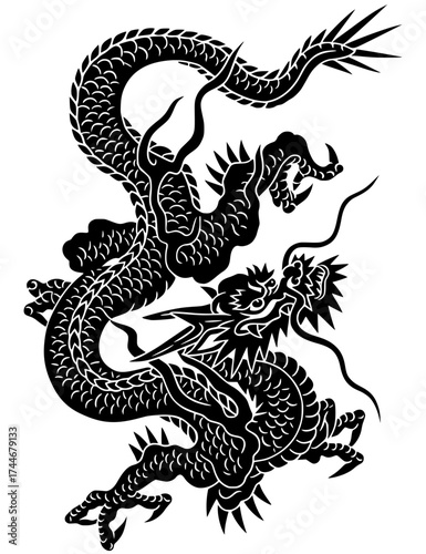 Traditional Japanese dragon tattoo design. Black silhouette with detailed scales, claws, flowing whiskers. Perfect for irezumi art, tattoo flash, oriental design, mythology, cultural symbolism concept