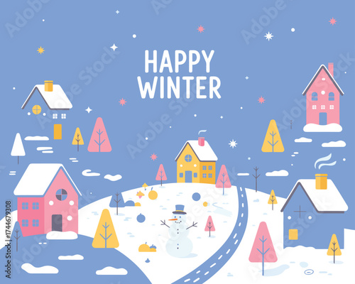 Happy Winter Village Landscape – Snowy Houses, Snowman, Pine Trees, Road and Night Sky with Stars, Cute Flat Illustration for Holiday Greeting or Seasonal Design