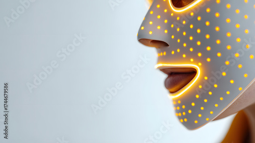 a high-tech facial mask glowing with orange lights on the face profile