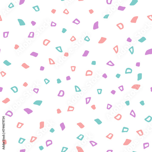 Vector seamless pattern with hand drawn doodles, confetti. Cute design for wallpaper, stationery, textile, wrapping paper.