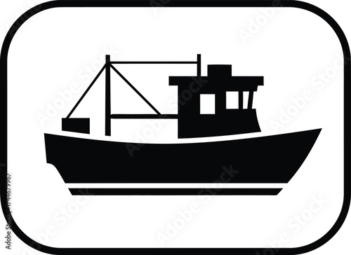 Simple black silhouette of a fishing trawler boat icon inside a rounded square frame