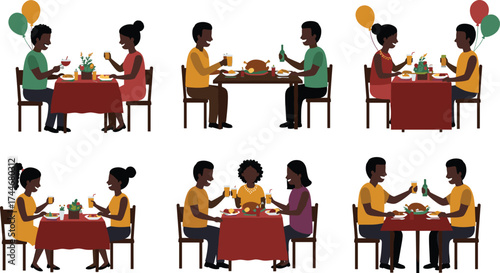People dining together, couples and friends enjoying meals, restaurant celebration, dinner table, social gathering, food and drink, flat vector illustration
