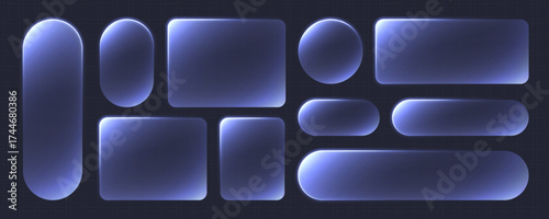 Transparent glass buttons, blue clear banners. Glowing futuristic interface templates for web design. Vector illustration.